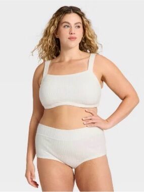 Ribbed Square-Neck Bralette and High-Waist Brief Set - Cream